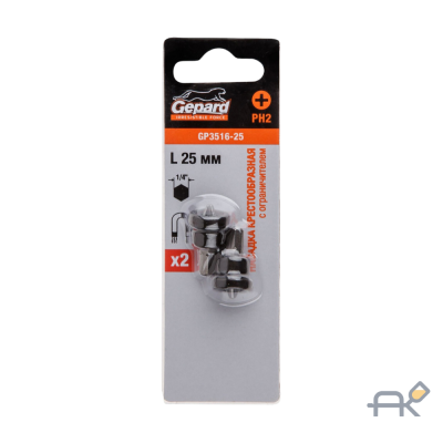 Насадка крестообразная PH2 25мм с ограничителем 2шт. GEPARD (GP3516-25) (бита Phillips для ГКЛ сталь S2 магнитная)